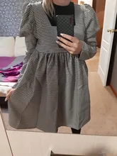 Plaid Dress Puff-Sleeve Square Collar Bclout Black White Sexy Vintage Autumn Casual Woman