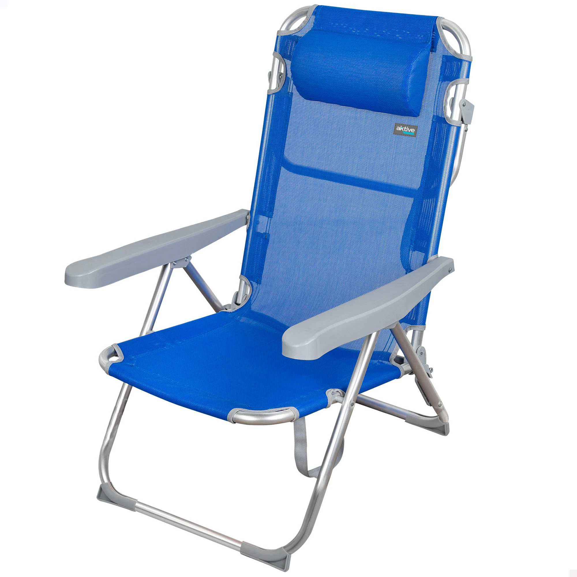 Silla plegable multiposición aluminio Aktive Beach azul, Silla de playa plegable, de playa alta, Silla playa con cojín, Sillas de playa, Mobiliario de Sillas plegables con respaldo, de