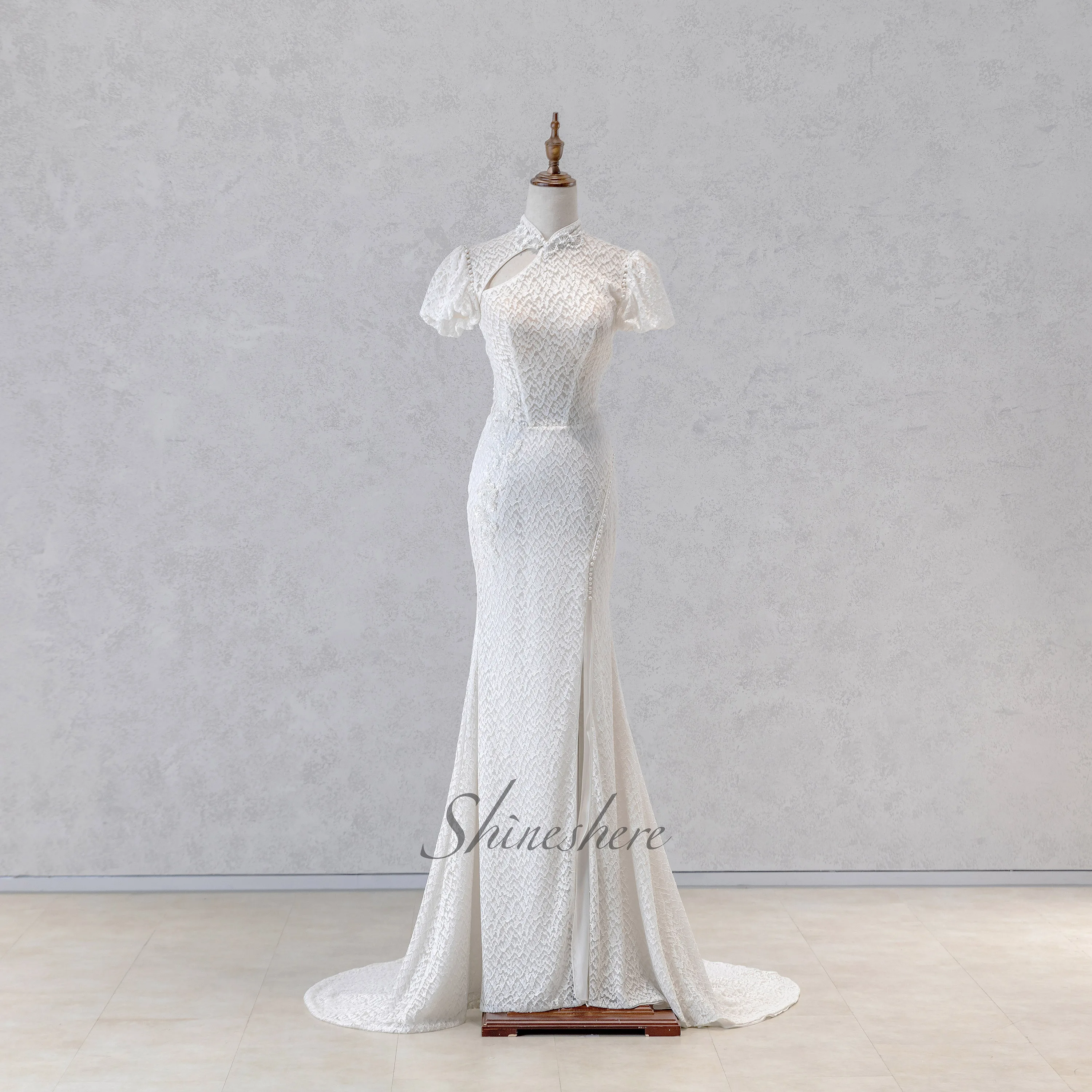 

Fashion High Collar Short Sleeves Beautiful Lace High Split Mermaid Trumpet Wedding Dress Bridal Gown