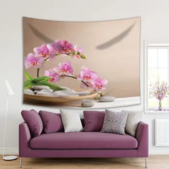 

Tapestry Pink Orchid Flowers and Spa on Stones Wooden Plate Nature Floral Decorative Photo Printed