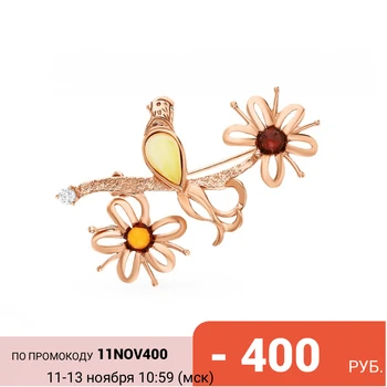 

Silver brooch with cubic zirconia and amber sunlight sample 925
