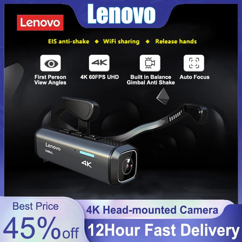 Camara digital Lenovo-Cámara de acción deportiva 4K, videocámara inalámbrica montada en la cabeza IP65, impermeable, EIS, antivibración, visión nocturna, DVR en vivo