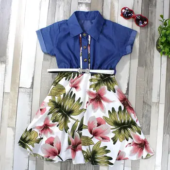 

Summer dress for girls, short sleeve cowboy dress, stamping Flower's, nice clothes for girls