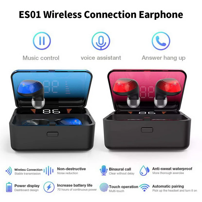 50 шт. ES01 TWS Bluetooth наушники V5.0 Touch беспроводные наушники 9D стерео спортивные водонепроницаемые наушники