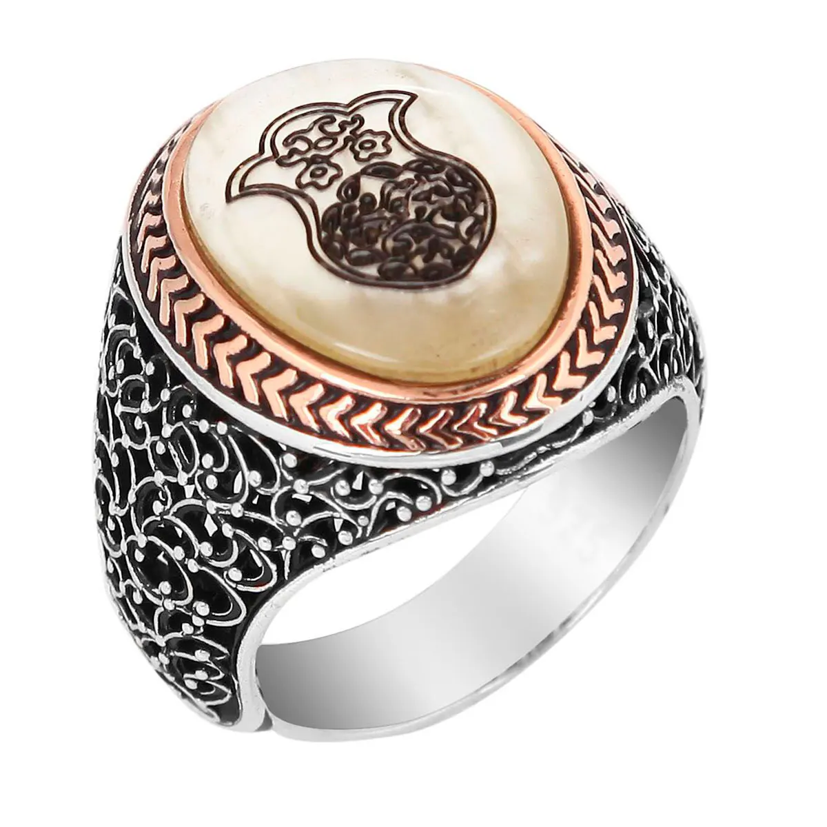 

925 Sterling Silver Ring For Men Natural Mother-Of-Pearl Patterned Stamped Pure Silver 7 Variations High Quality Turkish Jewelry
