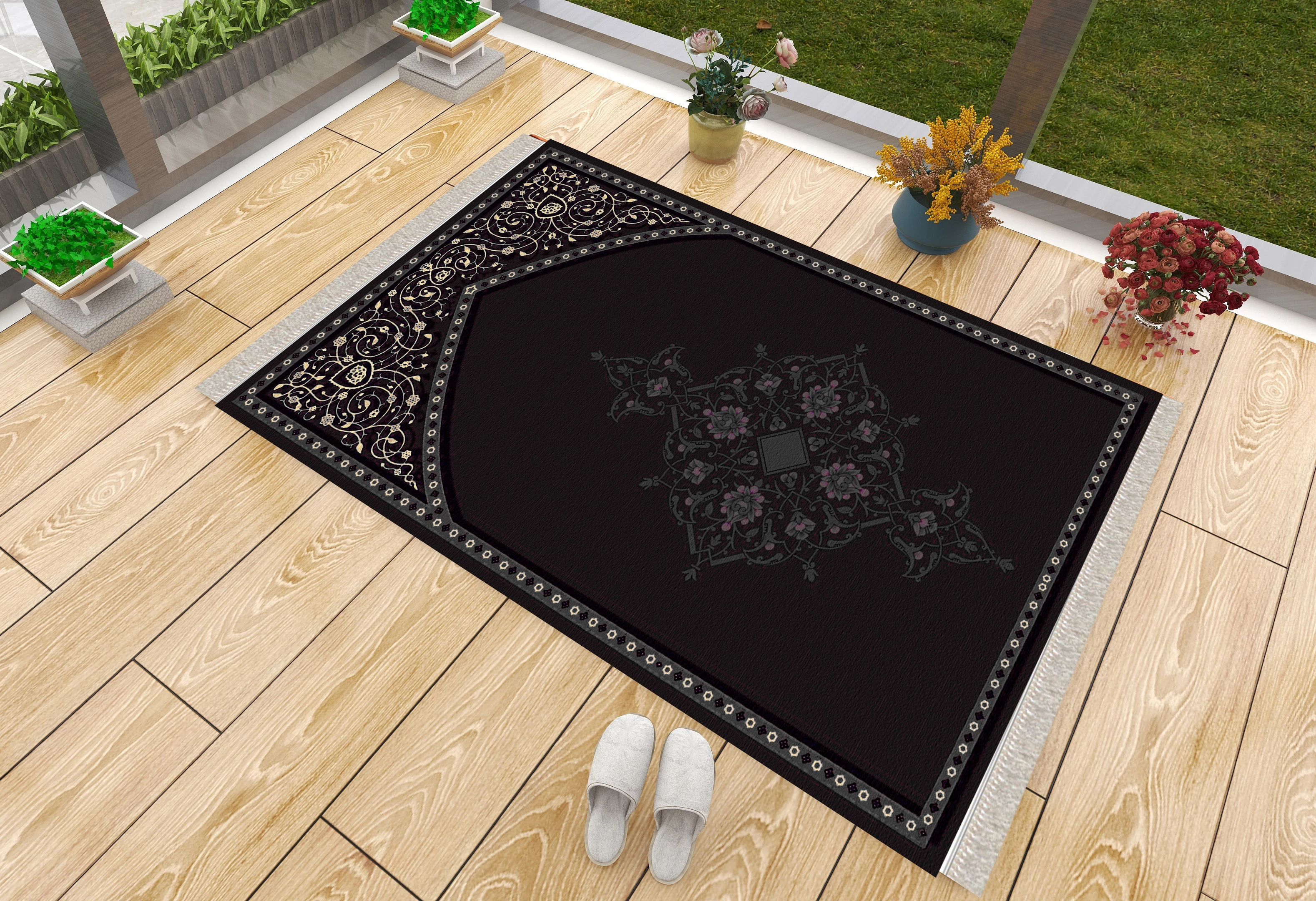 Luxury Thick Prayer Rug Black White Vintage Non Slip Muslim Islamic Janamaz Floor Mats Praying
