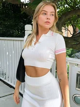 

Beyouare Knit Women Skirt Two Piece Set Polo Neck Button Crop Tops Elastic Waist Skirts Skinny Suit Summer Casual Sports Outfits
