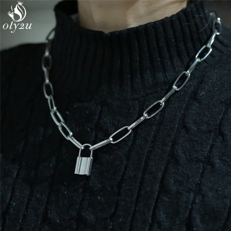 Oly2u Simple Chain Link Lock Necklace Pendant Punk PadLock Necklaces for Women Men Gold Silver Color Gothic Jewelry Gift | Украшения и