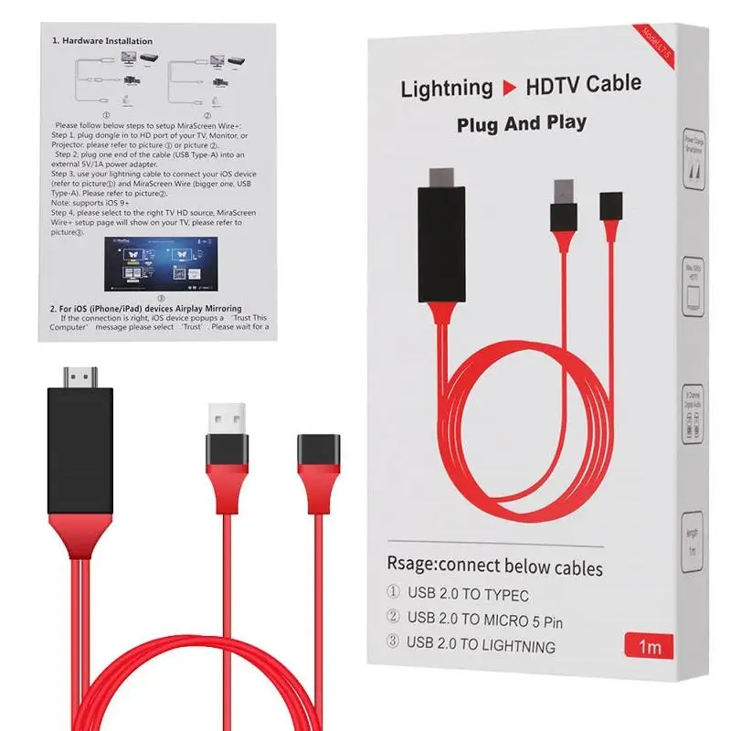 Кабель-адаптер HDMI AV Lightening, Micro 5 Pin, Type-C Plug& Play Phone HDTV Cable 2m(красный
