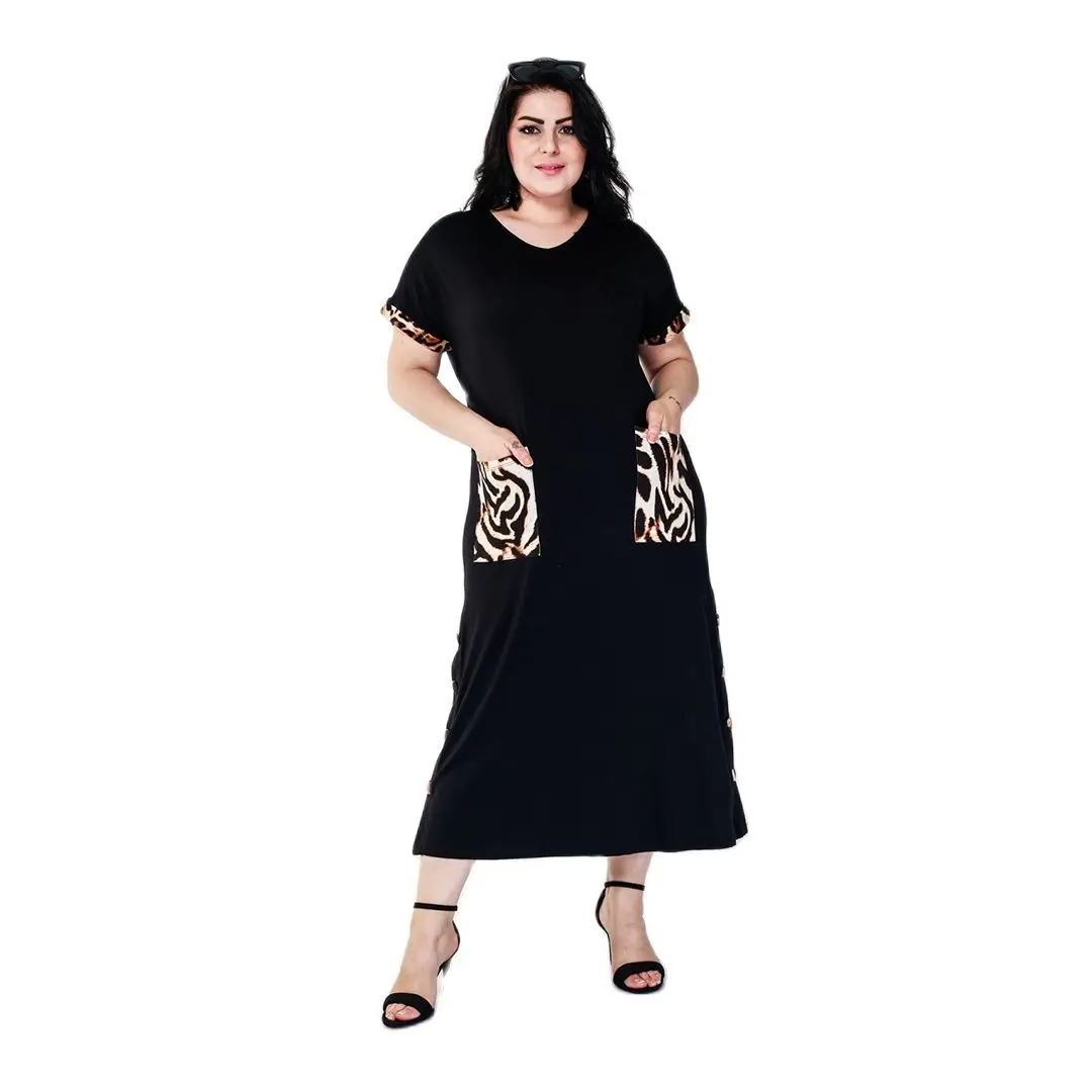 

Women’s Plus Size Brown Leopard Print Pocket And Button Detail Midi Black Dress, Designed and Made in Turkey, New Arrival