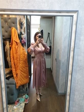 A-Line Dress V-Neck Spring Bishop-Sleeve Satin Simplee Chic Elegant Vintage High-Waist