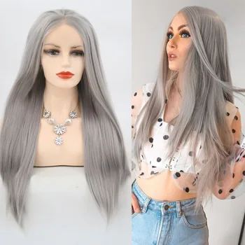 

QUINLUX WIGS Sliver Grey Long Wigs For Black Women Heat Resistant Fiber Synthetic Lace Front Wig Cosplay Show Half Hand Tied