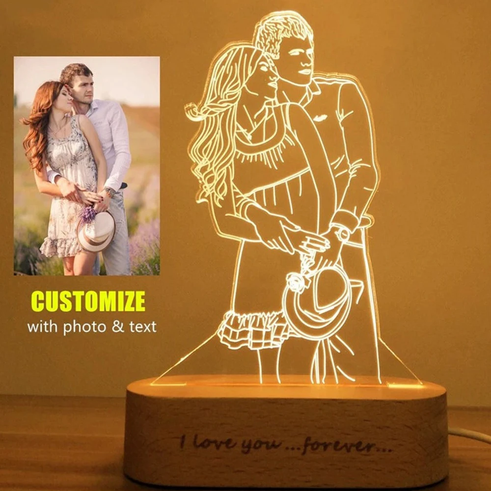 Personalized Custom Wooden Photo Frame Photo Text Customized USB LED 3D