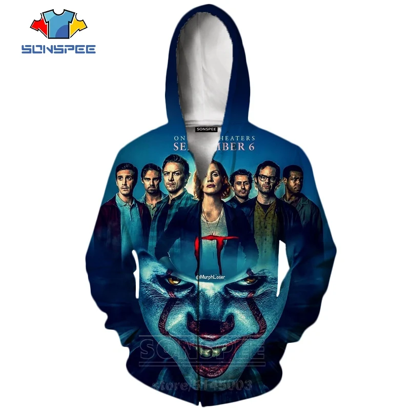 It Chapter две молнии толстовки новые для мужчин женщин Pennywise клоун Толстовка 3D принт фильм ужасов унисекс с длинным рукавом Топ пальто C063-2