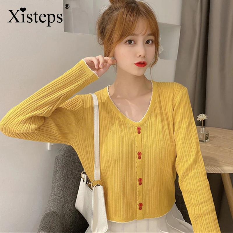

Xisteps Knitted Short Women Sweater Pullover Stripe Long Sleeve New Autumn 2020 Female Slim Top Jump Korea Ladies V Neck Casual
