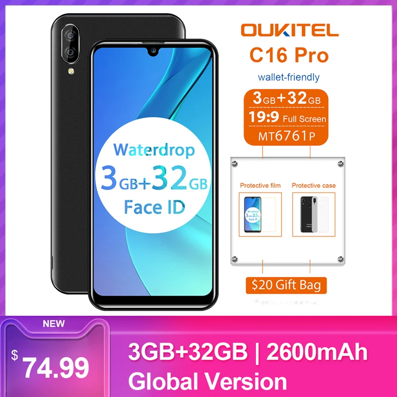 Смартфон OUKITEL C16 Pro, 3 ГБ, 32 ГБ, 5,71 дюймов, 19:9, Android 9,0, MT6761P, отпечаток пальца, распознавание лица, водослива, экран, 4G, мобильный телефон