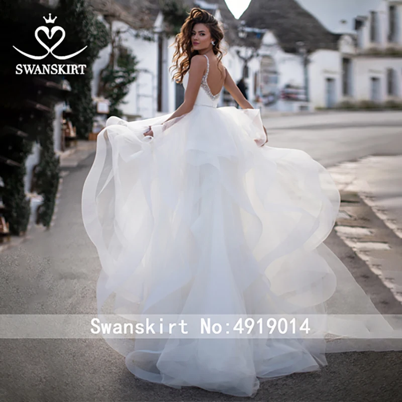 Модное вышитое бисером свадебное платье Swanskirt K309 бальное платье из тюля с рюшами сексуальное платье для невесты принцессы с открытой спиной Иллюзия Vestido de Noiva