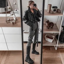 Jacket Short Winter Coat Faux-Leather Mozuleva Black Women Retro PU Turn-Down-Neck Loose