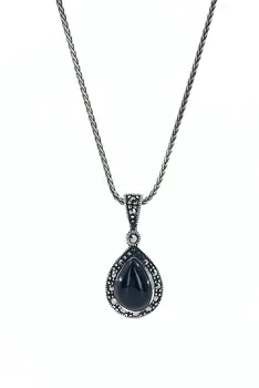 

Drop Oltu Gemstone Marcasite Silver Necklace