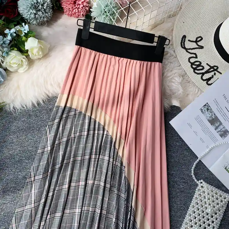 autumn Plaid High Waist Vintage Long Skirt Autumn Winter Bottoms Long Skirts A-line Patchwork Panelled Pleated Skirts