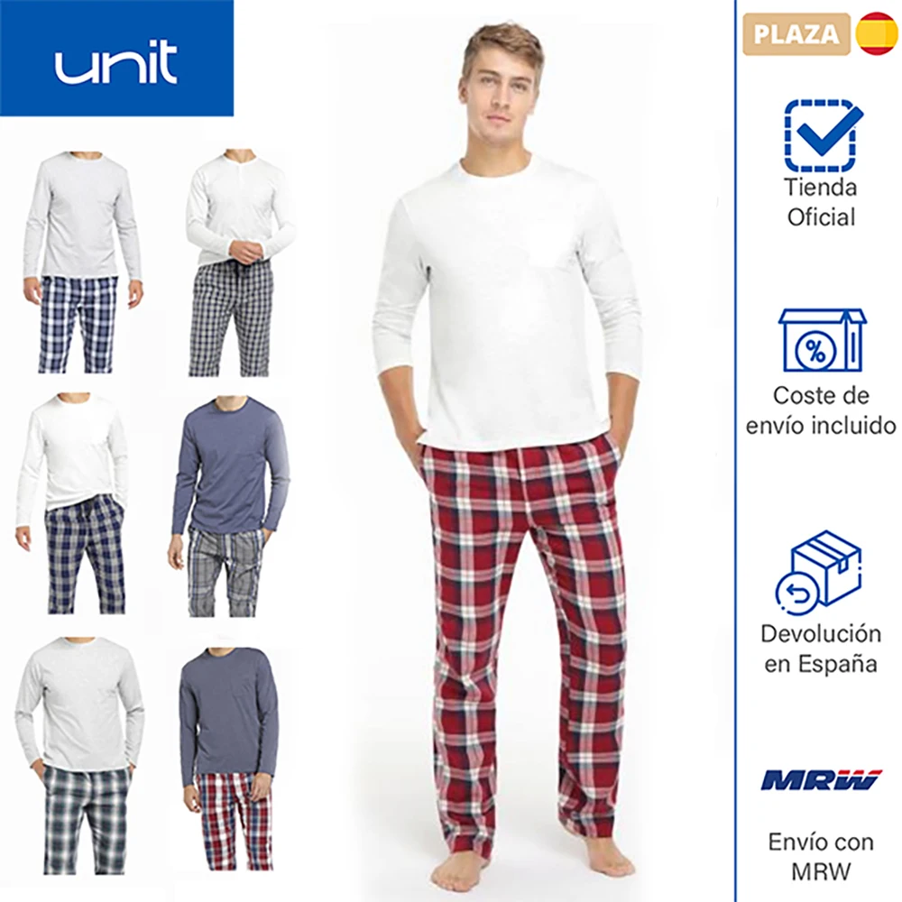Conjunto pijama de hombre para invierno de pantalón y camiseta de algodón de manga larga para dormir. 7 colores a elegir Unit
