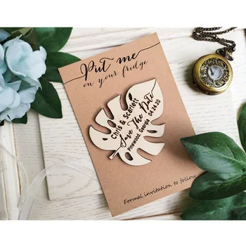 

Tropical Wood Save the Date Magnet, personalized Garden Wedding favor gift magnets, Engraved Leaf wooden wedding invitation card