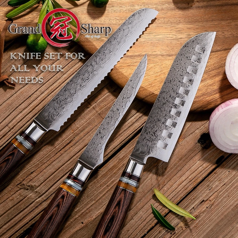 Дамаск Кухня ножей vg10 японской дамасской Сталь Santoku хлеб нож-топорик 3 шт набор ножей для повара инструменты для домашнего приготовления Сталь