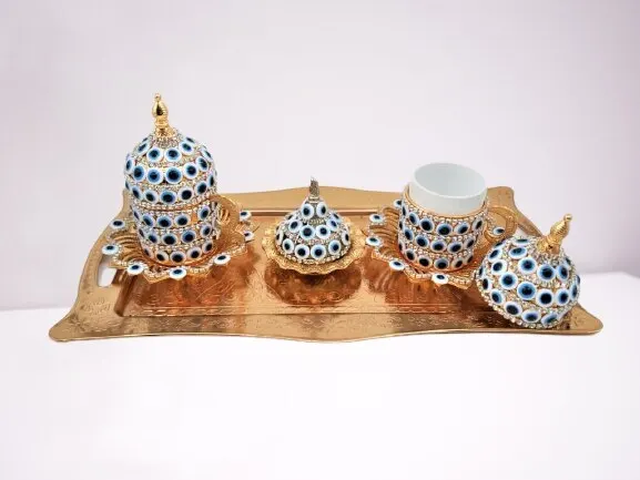 

WONDERFUL AMAZİNG Turkey authentic kitchen decor two-person beverage set with evil eye beads gorgeous patterned.