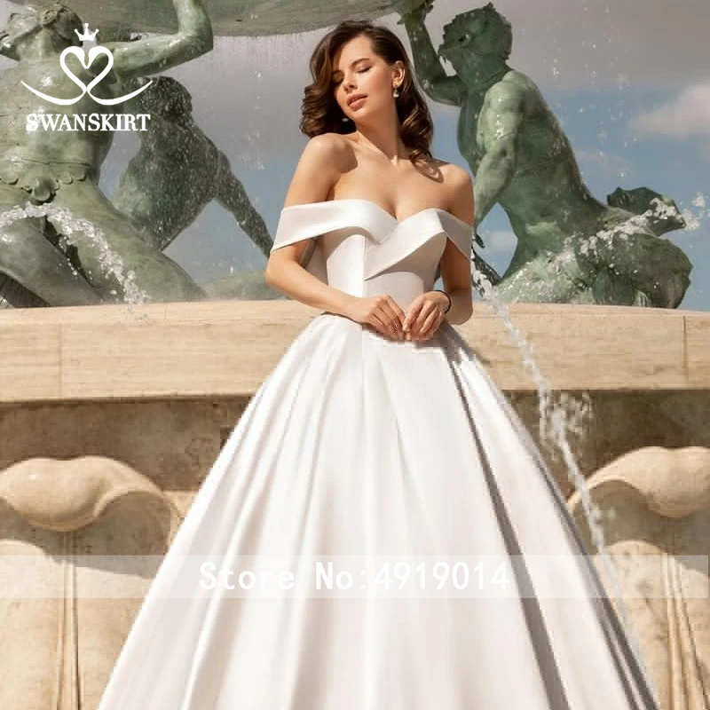 Свадебное платье трапециевидной формы с открытыми плечами, шикарная юбка, милое атласное свадебное платье со шлейфом, платье принцессы, Vestido de noiva EY01