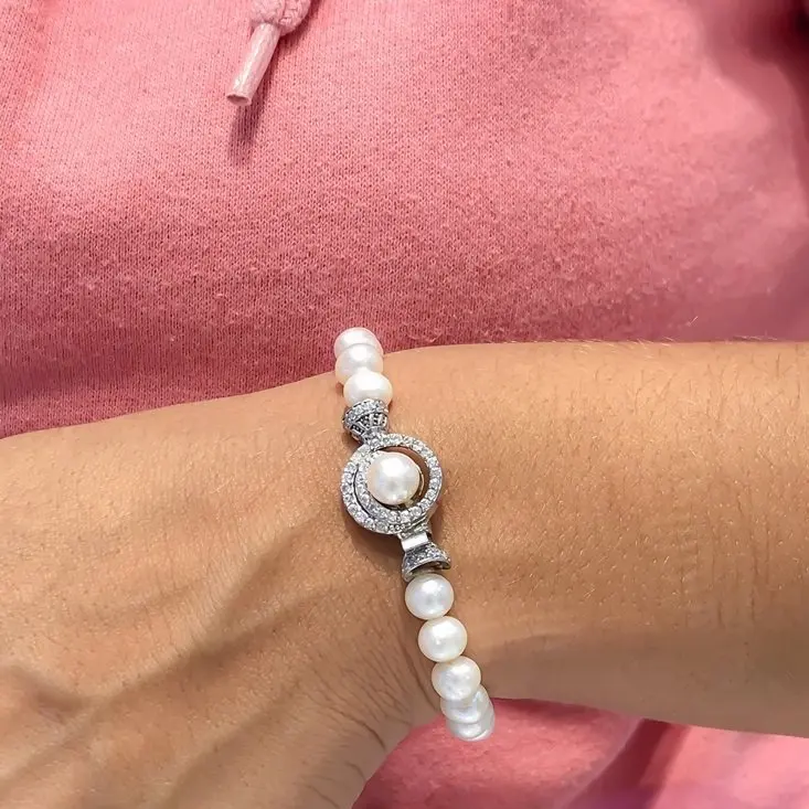 Simple Polite Stone Silver With Pearl Bracelet