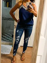 Pantalones vaqueros rasgados con cordón para mujer, Jeans elásticos con agujeros, informales, de talla grande, 2021