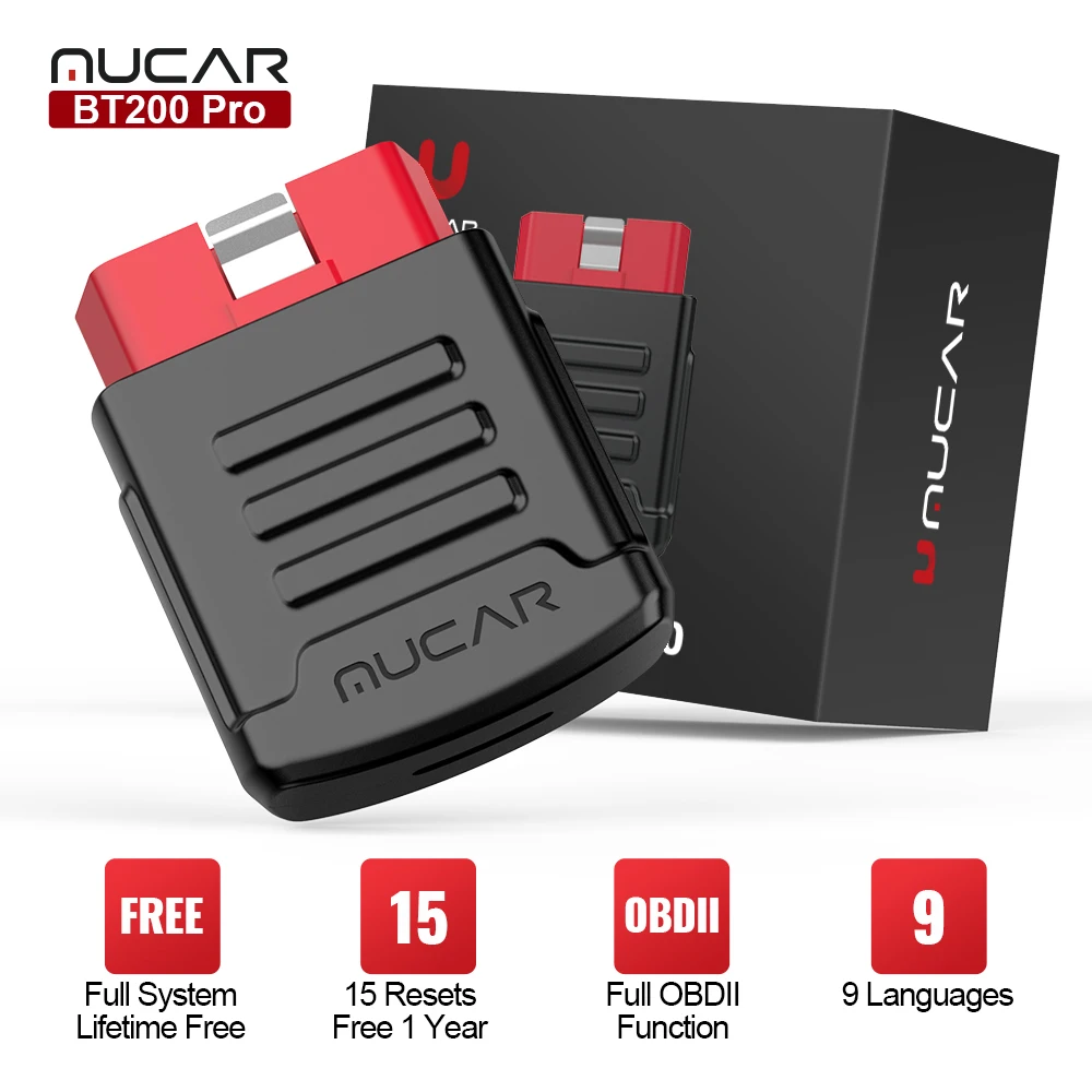 MUCAR BT200 PRO Professional Car OBD2 Scanner Full System Diagnostic Tool/Code Reader Lifetime Free Update 15 Resets Free 1 Year automotive battery charger