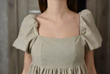 Ladies Dress Puff-Sleeve Square Collar Linen Khaki Vintage High-Waist Casual Summer Women