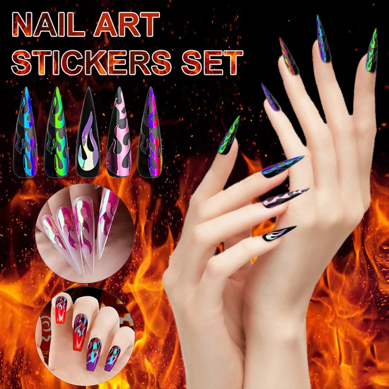 

New 16/1 PCS Nail sticker Holographic Fire Flame Strip Tape Nail Art Stickers On Manicure Stencil Stickers Nail Art Decoration