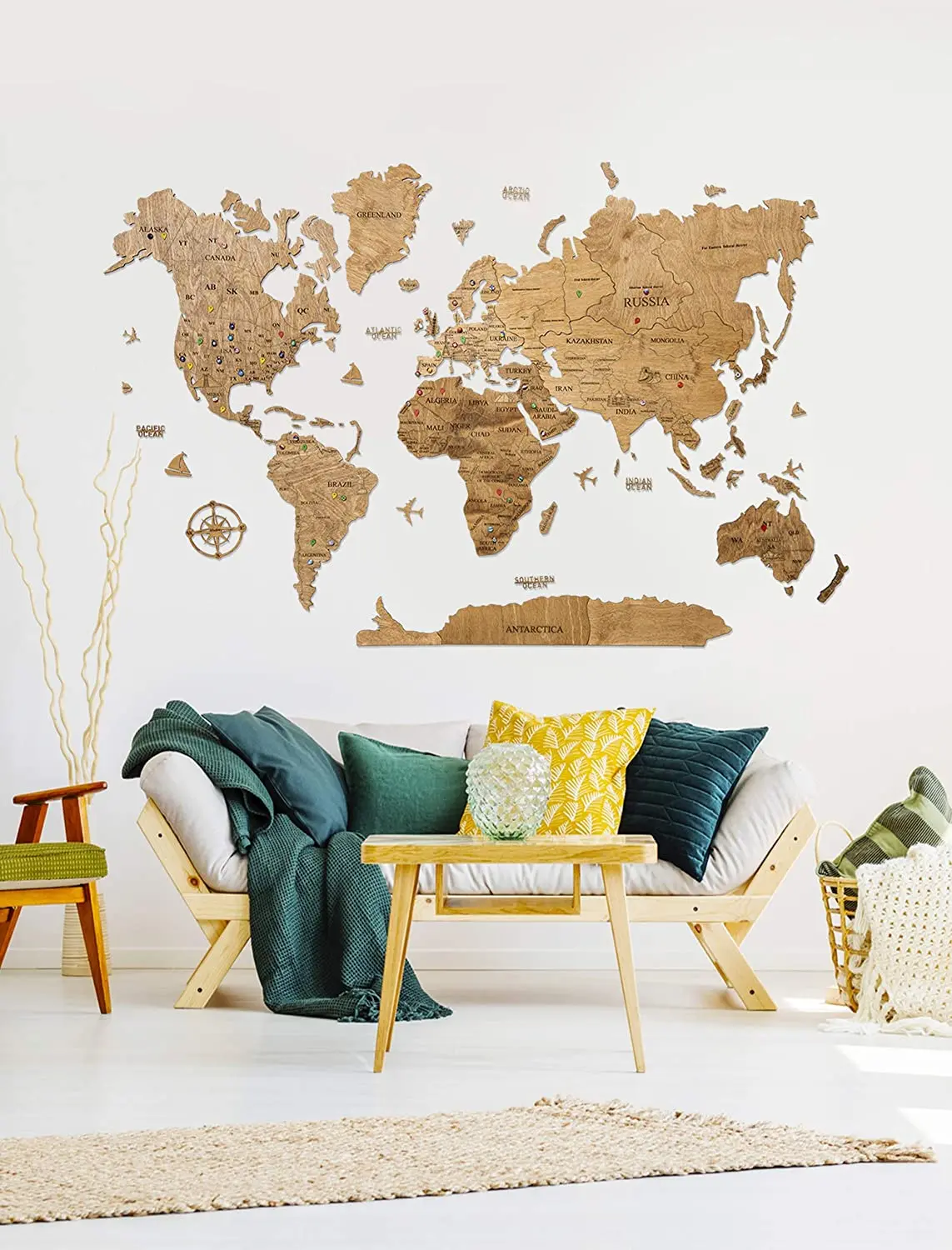 Wooden World Map On The Wall, World Map With Engraving, Wall Decoration