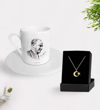 

Personalized Ataturk Themed Turkish coffee Cup And Moon Star Necklace Gift Seti-10