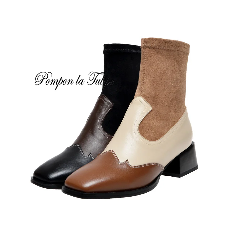 

BHS 9011232 Chic Genuine Cow Leather Elegant Patchwork 5CM Chunky Heel Stilettos Round Toe Ladies Mid Calf Fashion Women Boots
