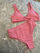 Peachtan-bikinis de cintura alta para mujer, bañador Sexy acanalado liso, traje de baño deportivo para mujer con cuello de pico, bikini a rayas 2021