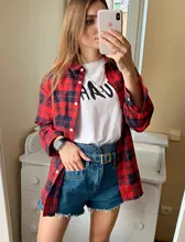 Plaid Shirt Tops Long-Sleeve Office Women Coat Loose Ladies Karsany And