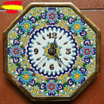 

Octagonal Clock ceramics Spanish 23 cm. /9 inches diameter-Glazed up handmade-24 k gold-ARTECER-Home & Decoration-