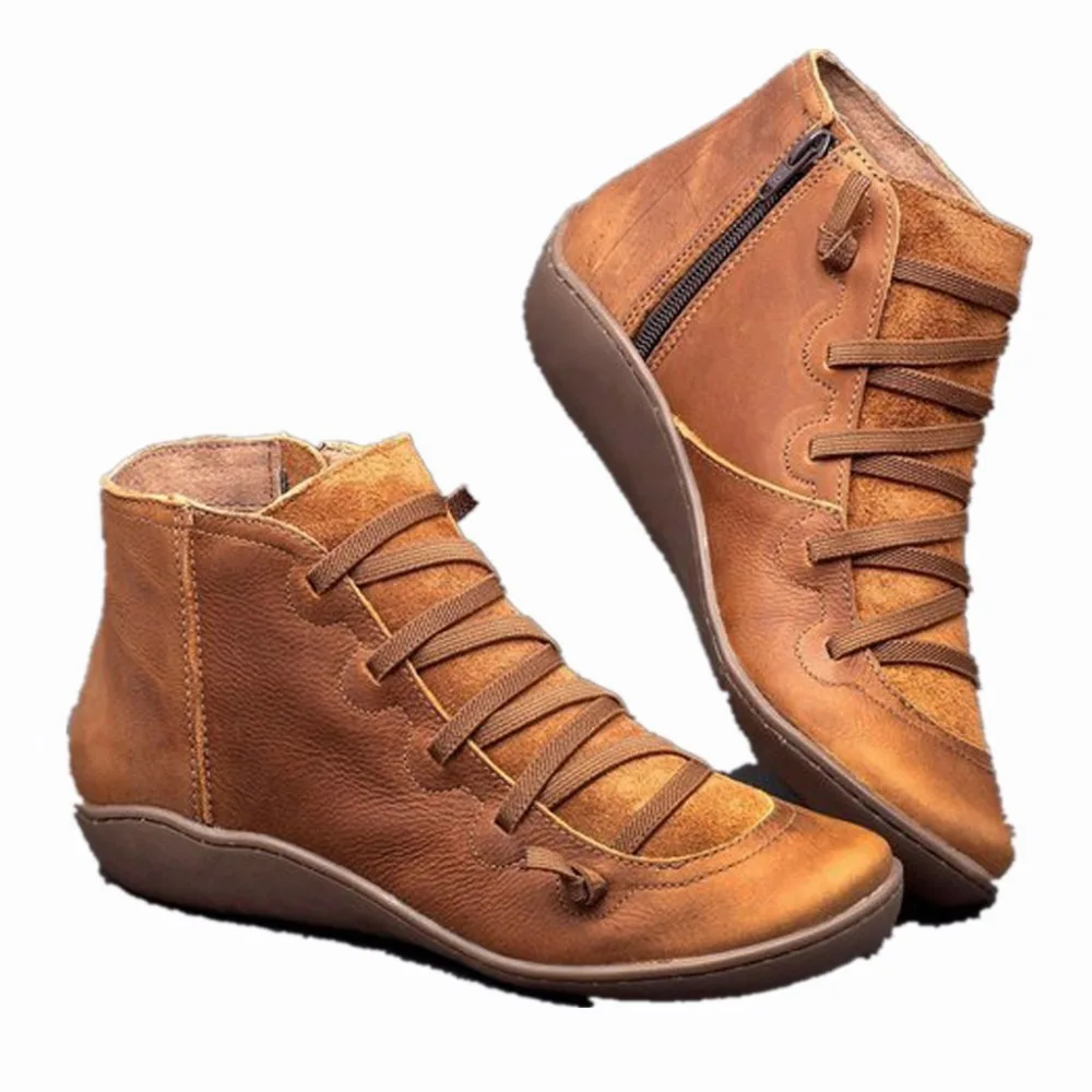 Women's Snow Boots Vintage Leather Boots Flat Waterproof Winter Round Toe ankle boots for women Versatile Platform boots women