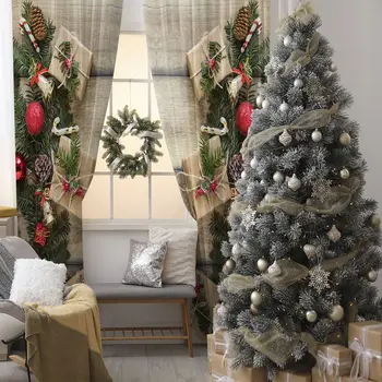 

Curtain Baubles Candy Canes Pine Tree Branches Cones Wrapped Gifts Bells on Wooden Table Photo Red Beige Green