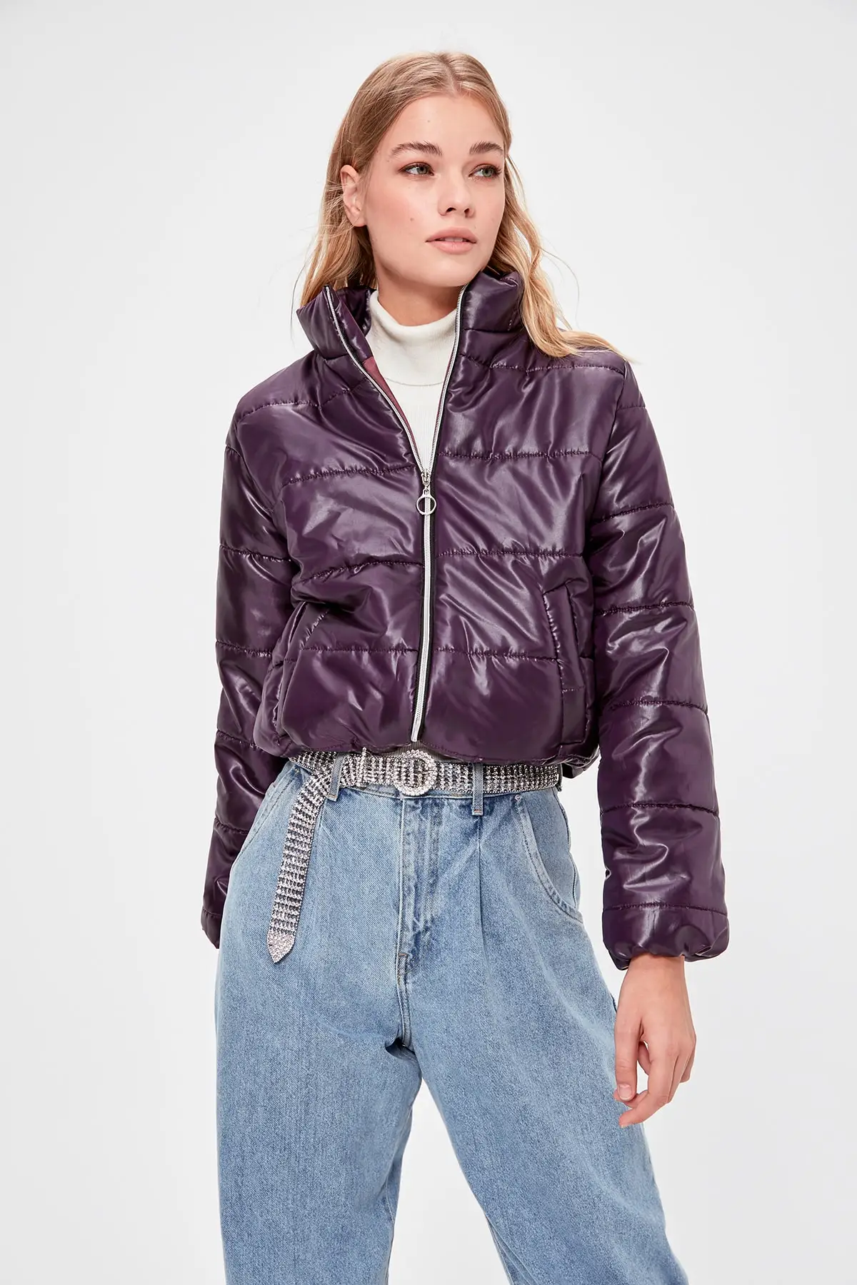 Trendyol Damson Zipper он должен покрыть Вертикальный Воротник надувные кроп пальто TWOAW20MO0088