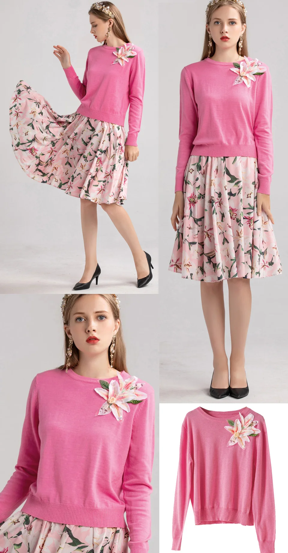 Свитер женский модный шерстяной розовый джемпер с круглым вырезом и длинным рукавом с цветочным принтом стиль подиума 2XL размера плюс