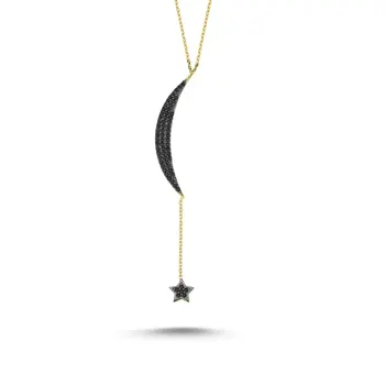 

Angemiel 925 Silver Crescent Moon & Star Zircon Stone Ghost Pendant-Gold Plated