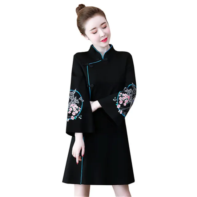 Plus size dress 2020 spring new fashion stand-up collar long-sleeved Chinese style was thin temperament dress 3