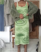 Vestido de punto verde con estampado de Cachemira para mujer, vestido Sexy ajustado sin mangas con tirantes finos, para fiesta en la playa, por debajo de la rodilla, Y2K, 2021