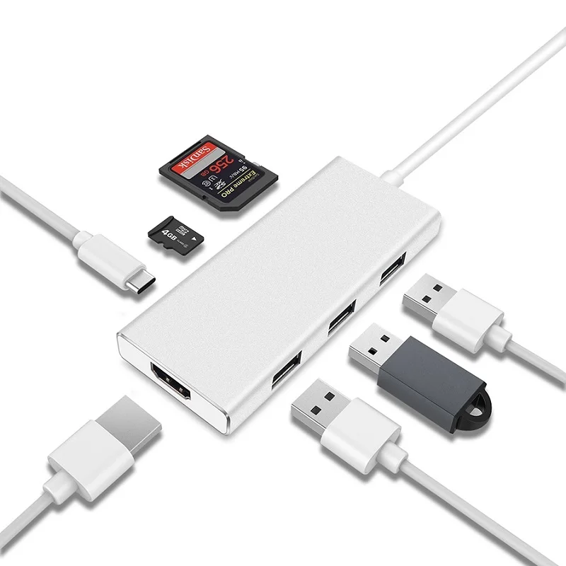 Многопортовый Хаб адаптер 7 в 1 для MacBook USB 3.0, HDMI, Type-C, CD& TF Card(Серебристый