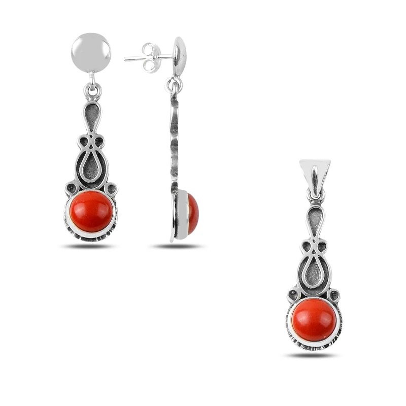 

Silver 925 Sterling Coral Stone Handwork Set