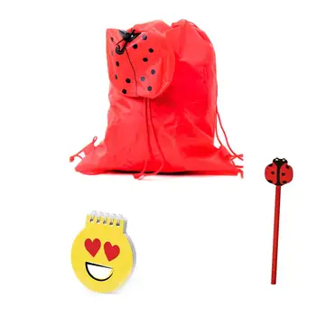 

Lot 10 Folding Backpack + 10 pencil Ladybug + 10 book Emoji heart. Regalos for events provider puzzles child and Birthday kids